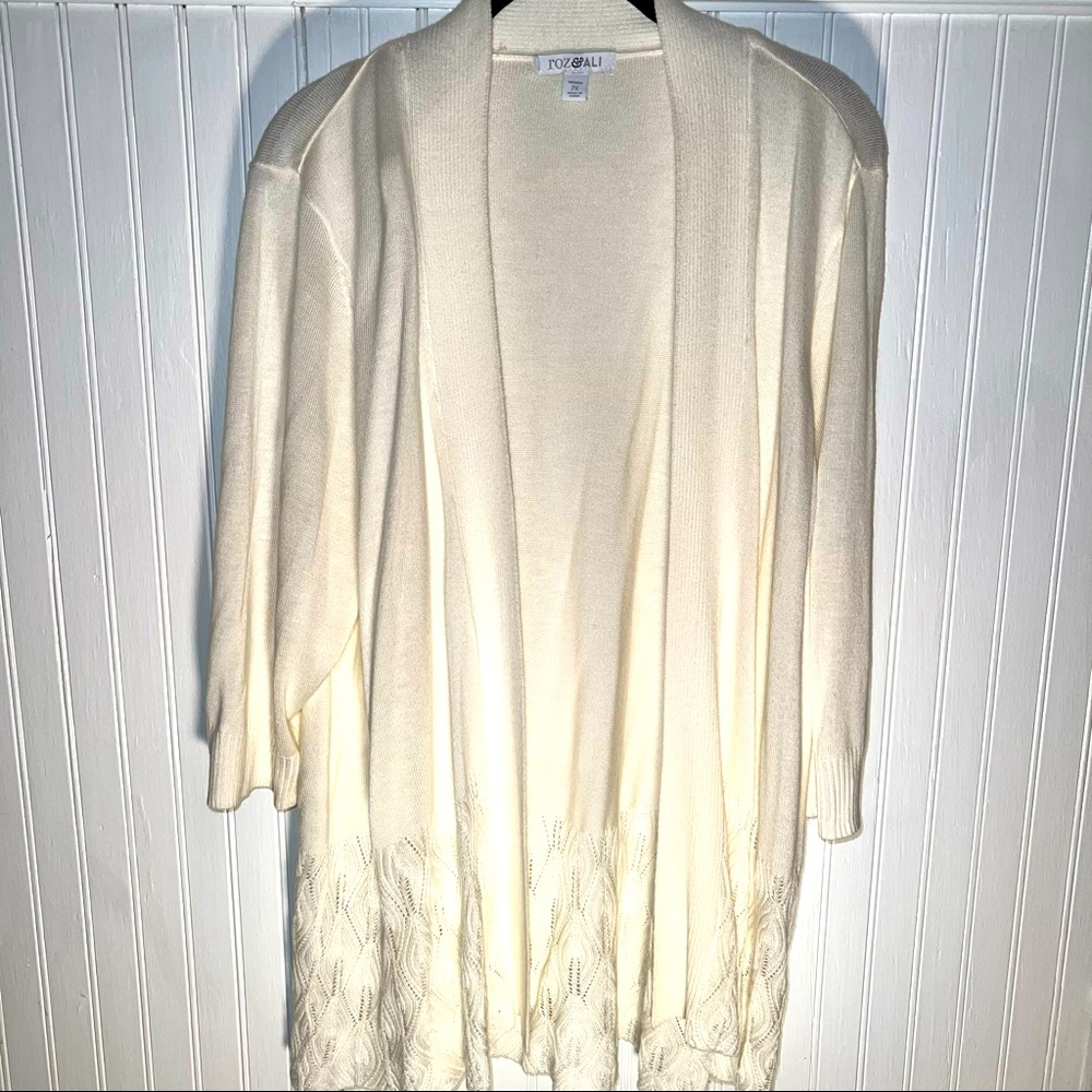 Rod & Ali cream cardigan sweater with beautiful crochet look bottom